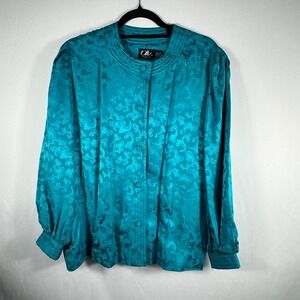 Vintage OH Originals Inc Silk Blouse Top Teal Button Down Long Sleeve Sz 14